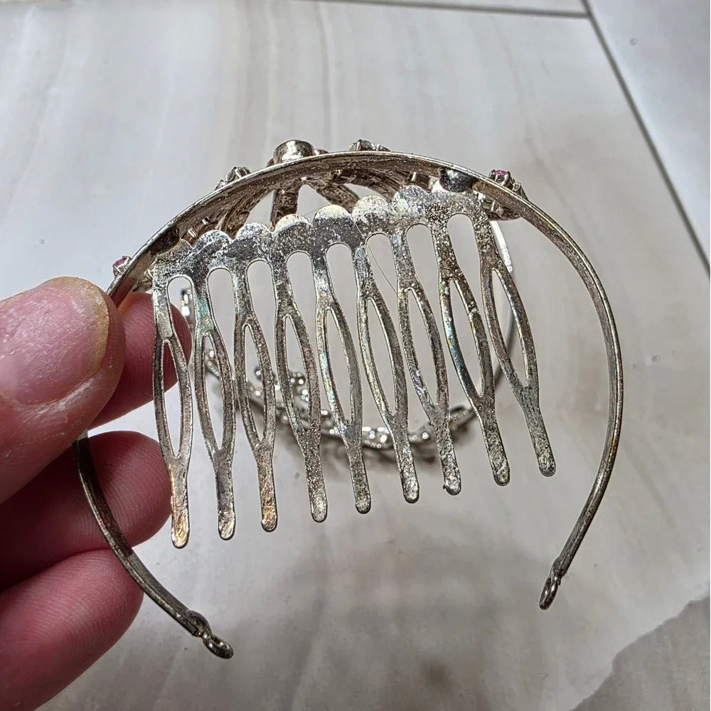 Princess Tiaras Pink Rhinestone Hair Comb and Heart Pearl Headband set of 2 H3